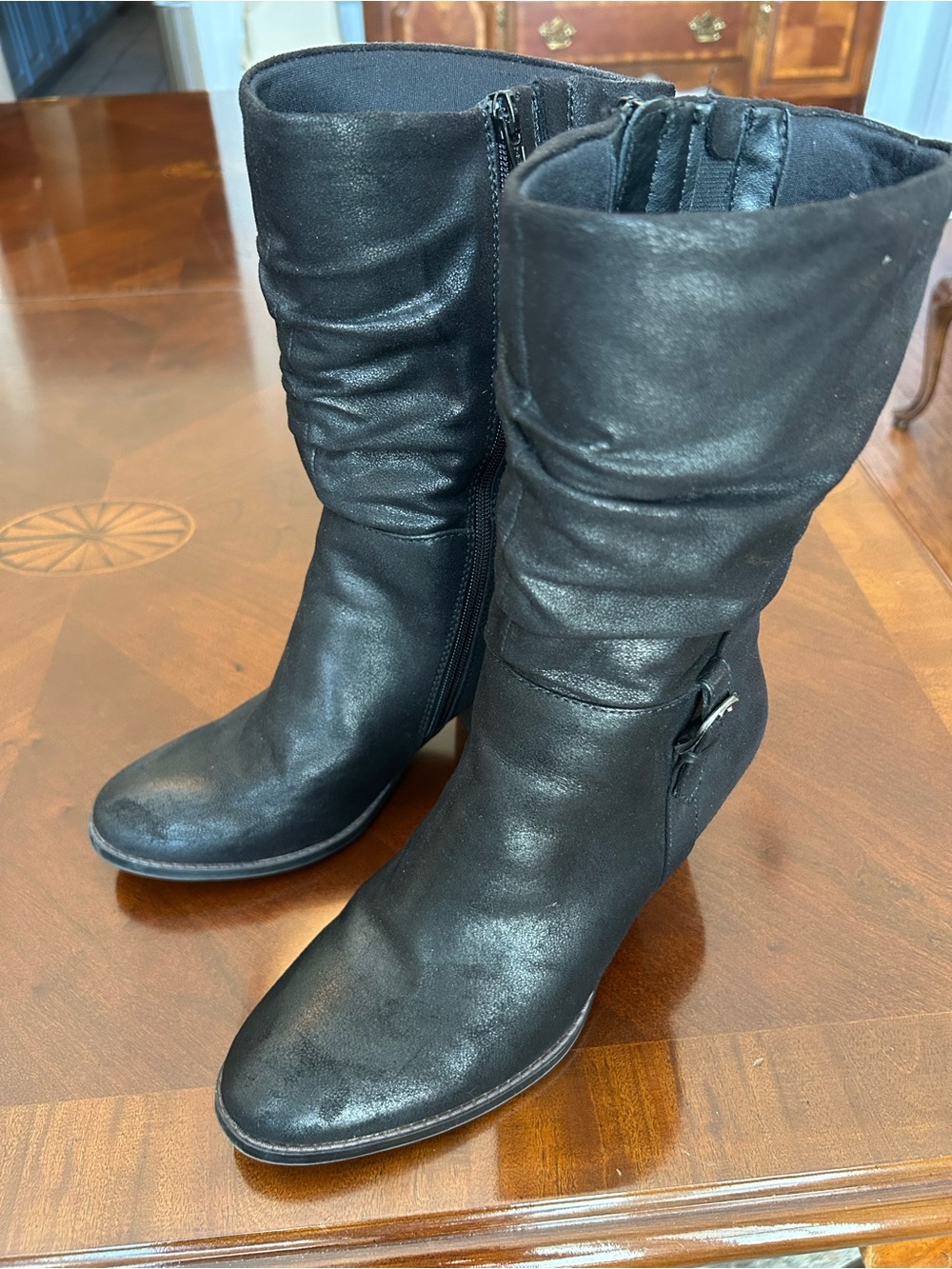 BareTraps Black Mid-Calf Ruched Leather Boots
